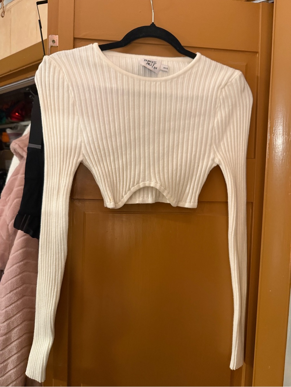 Princess Polly Ivory Ribbed Long Sleeve Cropped Top